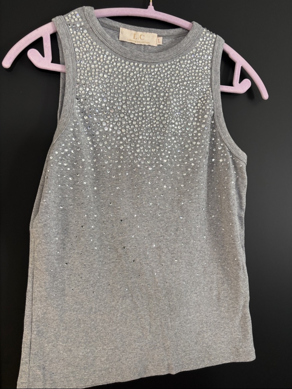 Gray Sleeveless Rhinestone Tank Top